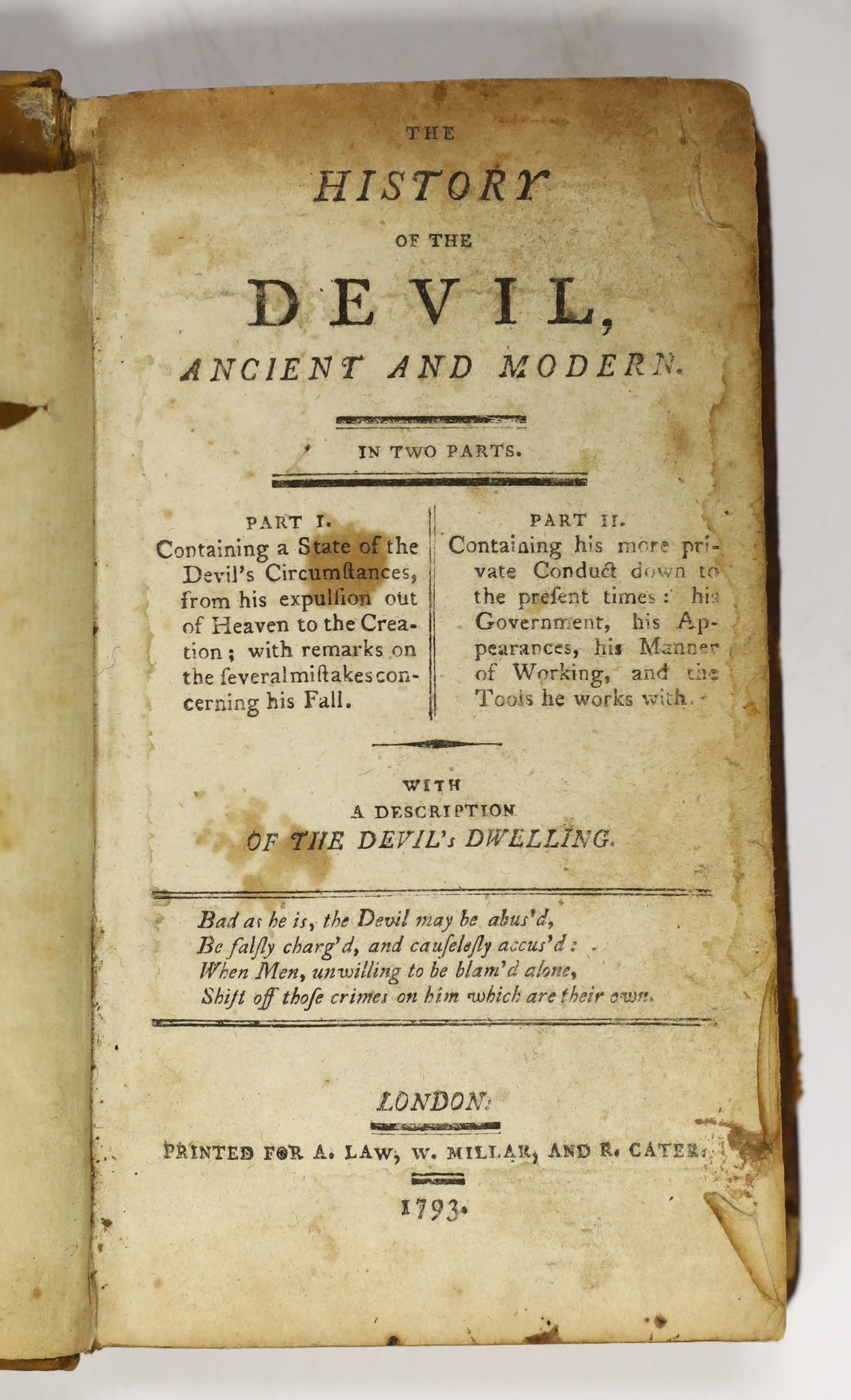 [Defoe, Daniel] - The History of the Devil: Ancient and Modern in two parts, [part one only], 2nd edition, 8vo, calf rebacked, A.Law, W. Miller and R. Carter, London 1793.